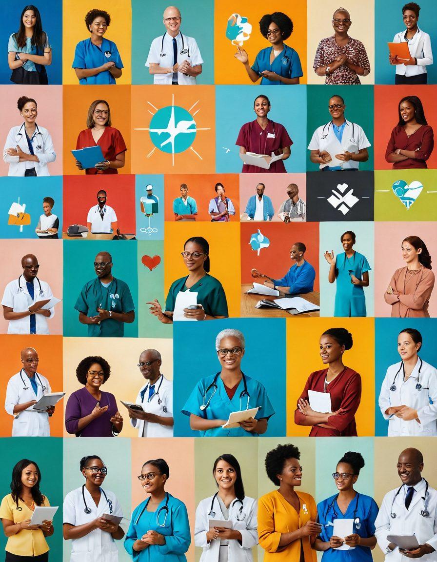 A vibrant collage depicting a diverse group of patients sharing their stories with advocates in a bright, open space. Include symbolic elements such as medical research icons, supportive hands, and a roadmap illustrating progress. Emphasize connection, empowerment, and hope among the participants. super-realistic. vibrant colors. light background.