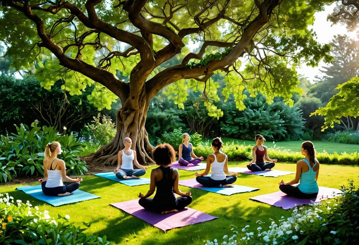 A serene scene depicting a diverse group of people practicing yoga under a lush green tree, surrounded by vibrant flowers and sunlight filtering through the leaves. Each individual represents different ages and backgrounds, showcasing harmony and unity in wellness. In the background, a winding path leads to a tranquil health retreat with symbols of nutrition, mindfulness, and holistic practices integrated into the landscape. super-realistic. vibrant colors. peaceful atmosphere.