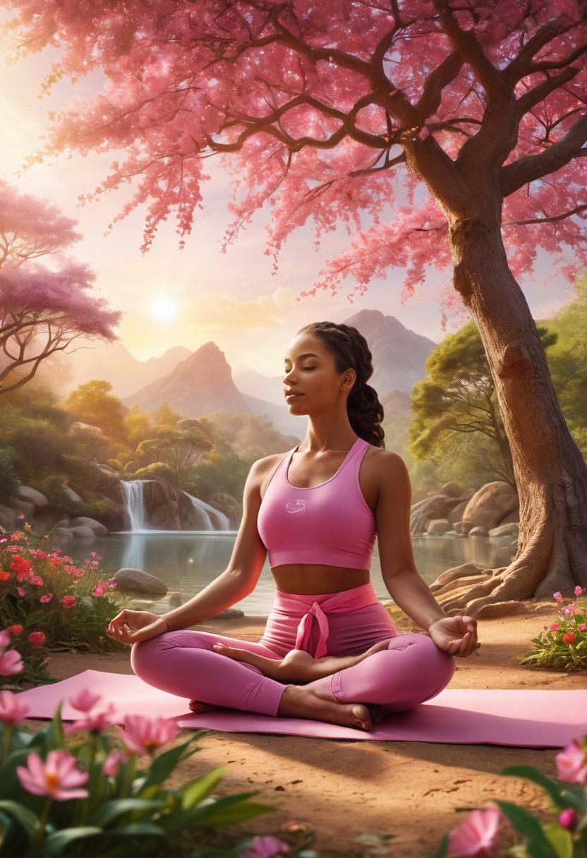 A serene landscape featuring a diverse group of people engaging in various activities that promote health and wellness, such as meditation, yoga, and community support. Include symbols of hope like a pink ribbon intertwined with nature and vibrant flowers. Incorporate warm sunlight filtering through trees to evoke a sense of empowerment and positivity. super-realistic. vibrant colors. calming atmosphere.